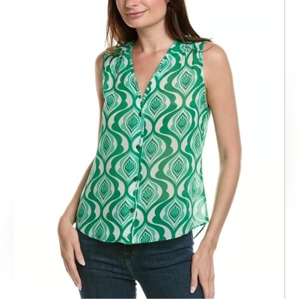 Cabi scroll blouse top shirt button sleeveless green white lightweight new Small